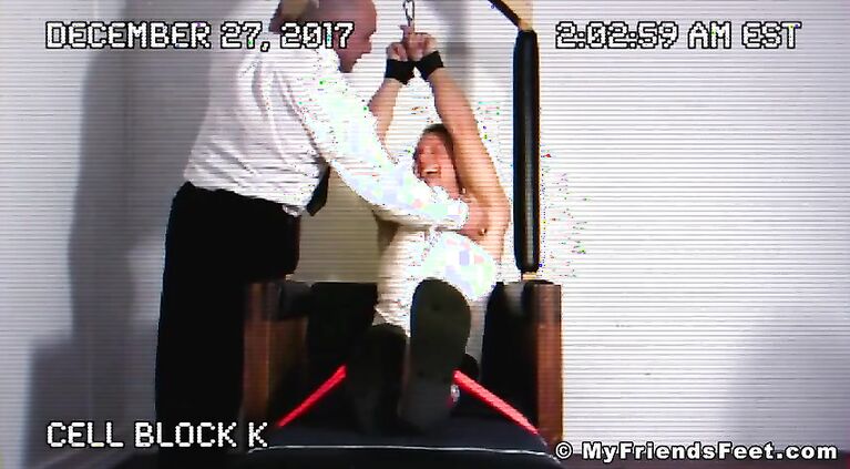 Two pervs tickling tied up jock all over his body in the prison