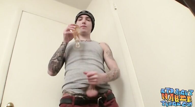 Straight twink jerks off and cums in his glass