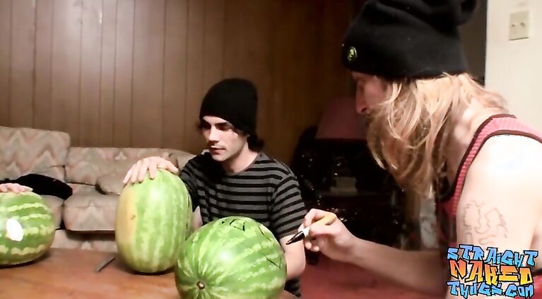 Straight inked guys fuck watermelons until cumming