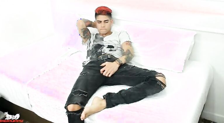 Max's pants fall to the floor & he starts jacking his Colombian cock