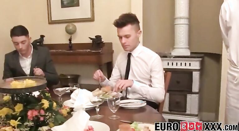 Twink waiter sucks and rides dick after the dinner service