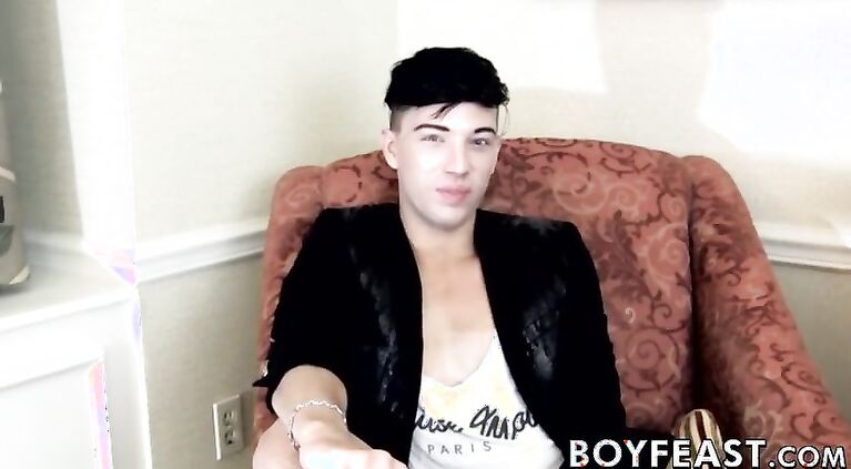 Gorgeous twink Jake Diamante solo stroking his massive cock