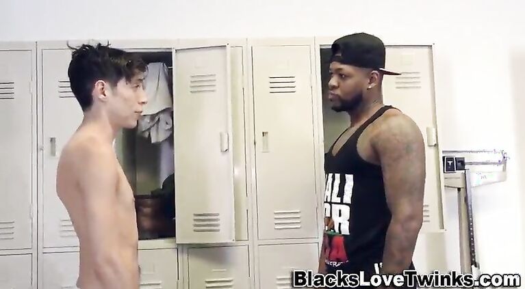 Gay twink gobbles black dick